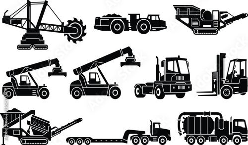 Heavy Industrial Machinery Mining Equipment and Cargo Logistics Vehicles Vector Silhouette Icon Set