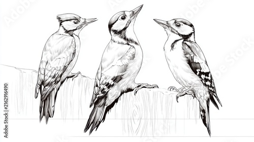 Detailed Sketch of Three Woodpeckers on a Wooden Fence