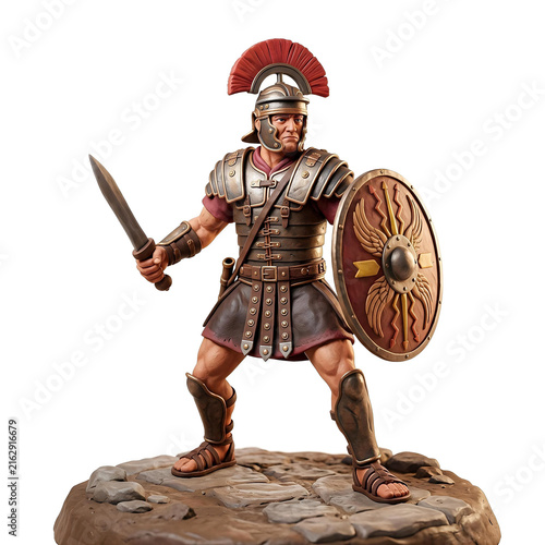 Plakat w ramie A strong Roman warrior holds a sword and decorated shield, wearing traditional armor and a red-crested helmet, symbolizing bravery, protection, military power, leadership, and history.