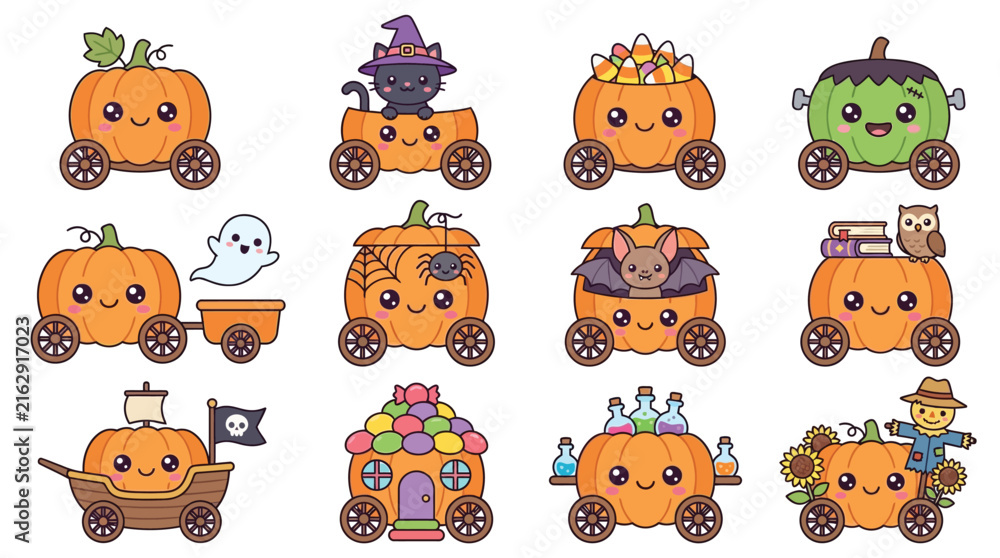 Naklejka premium Cute Halloween Themed Cartoon Vehicles Collection.