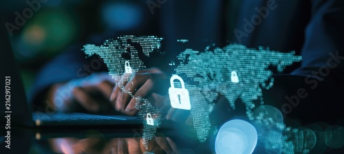 Global Cyber Security Concept with Digital World Map and Padlocks.