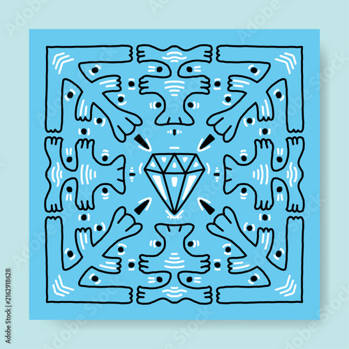 Abstract Blue Bandana Motif Featuring Stylized Hands and Diamond Pattern on Light Background