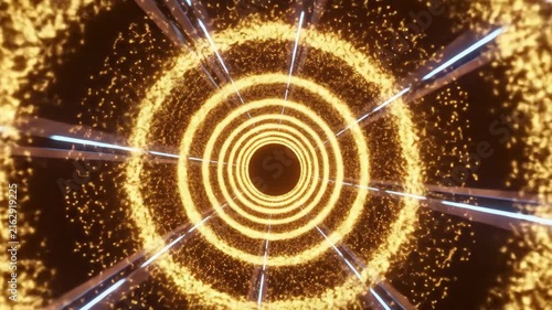 Flying Through a Golden Glowing Particle and Light Tunnel Animation.