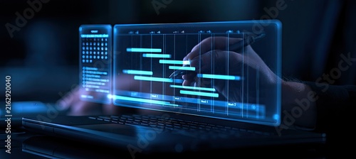 Futuristic Holographic Timeline Interface on a Laptop Screen.