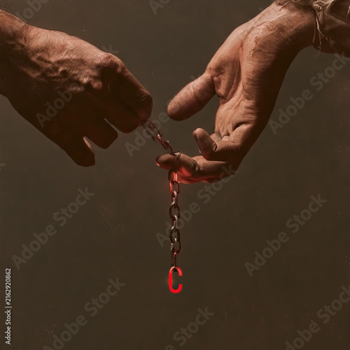 Two Hands Reaching for a Broken Chain with Red Links.