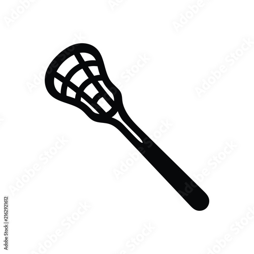 Black lacrosse stick silhouette on white background for sports equipment design.