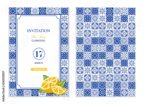 Mediterranean cards template design with tiles and lemons. Set ceramic patterns banners. Vector set for invintation, menu, wedding, party.