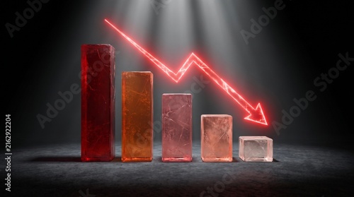 3D render of a descending red arrow over cracked glass bar charts. A powerful concept for economic recession, stock market crash, financial crisis, bankruptcy, and freezing market assets
