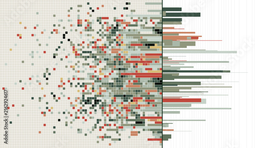 Big data visualization with pixel grid and horizontal bar chart vector background