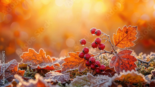 Frosted Autumn Berries and Fallen Leaves with Morning Frost in Golden Sunlight