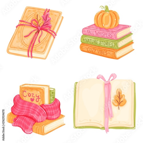 Cozy Autumn Bookish Clipart Set with Books, Pumpkin, Scarf and Leaves