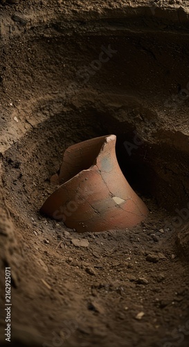 Ancient ceramic vessel fragment partially buried in dry, layered earth at an important fieldwork site showing deep prehistoric history ,earth ,careful ,dig