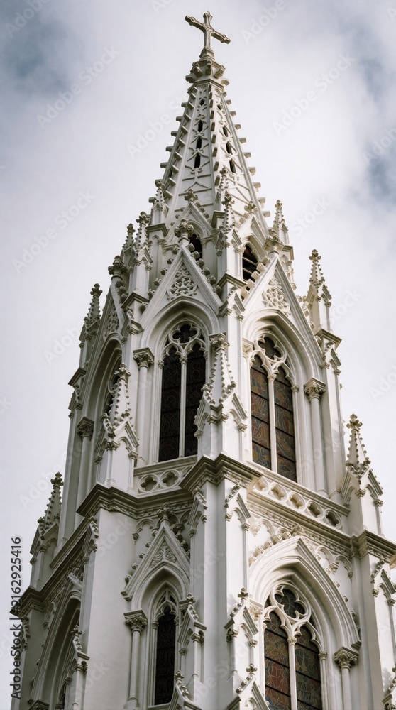 Fototapeta premium Church steeple with elaborate stonework rises against backdrop of cloudy sky, white facade adorned with arched stained glass windows, intricate lacing, prominent cross crowns pinnacle.