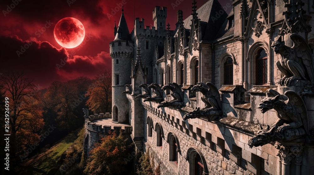 Fototapeta premium Dark gothic castle with stone gargoyle statues on walls. Scary medieval fortress under large red blood moon in night sky. Spooky architecture with towers, arches located in mysterious forest. Fantasy