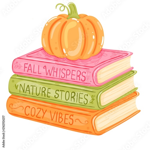 Cozy Autumn Bookish Clipart with Pumpkin on Book Stack