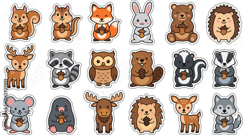 Bild auf Leinwand Set of cute kawaii woodland animals stickers featuring fox squirrel bear and for
