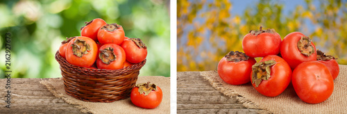 Persimmon fruit in a wicker basket on a wooden table with blurred garden background