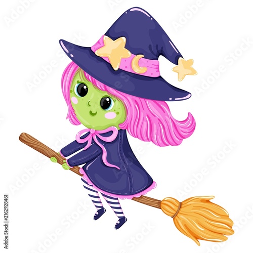 Cute Witch Clipart Flying on Broomstick Halloween Illustration