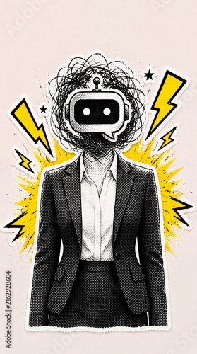 Pop Art Halftone Businessperson with Artificial Intelligence Robot, AI Technology and Business Automation Concept, Digital Transformation in Torn Paper Collage Style, Vertical bg
