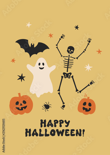 Happy Halloween spooky festive greeting card or poster with smiling ghost, dancing skeleton, bat, pumpkins and stars. Cute hand drawn Halloween art for holiday design. Flat vector illustration