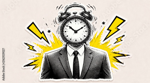 Pop Art Halftone Businessperson with Alarm Clock, Time Management and Productivity Concept, Planning and Deadline Control in Torn Paper Collage Style