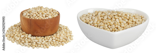 Bild auf Leinwand Sorghum seeds in wooden and ceramic bowl isolated on white background with full depth of field