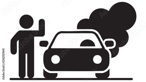 Silhouette of a person hailing a broken down vehicle with smoke white background