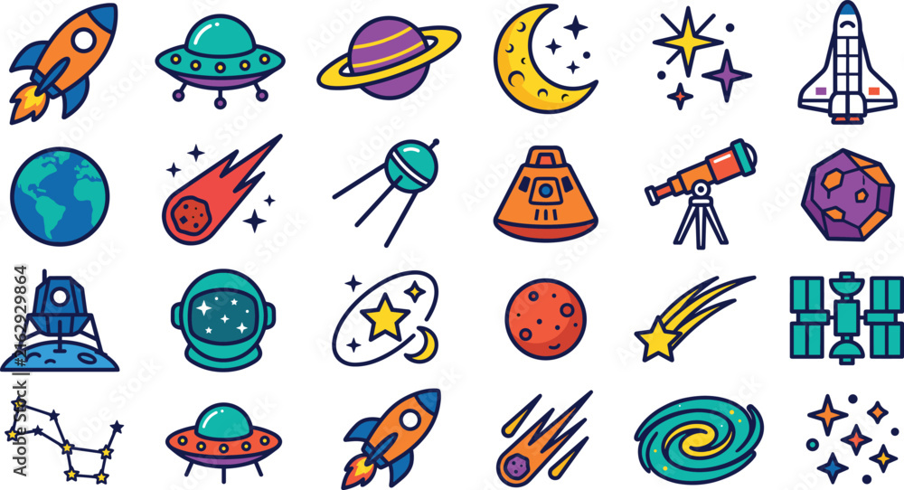 Obraz premium Space exploration cartoon icon set with rockets planets astronauts satellites comets and celestial symbols