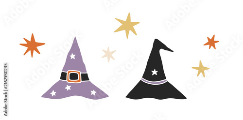Hand drawn vector Halloween set with witch hats and stars isolated on white background. Scary festive elements. Flat vector illustration for magical design. Spooky Halloween decorations