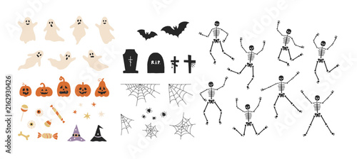 Big hand drawn vector Halloween set with cute funny festive elements isolated on white. Pumpkins, skeletons, bats, spiders, ghosts. Huge collection of Halloween icons. Spooky Halloween characters