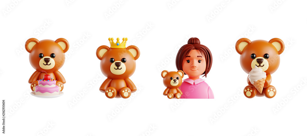 Fototapeta premium 3D teddy bears and girl character birtay celebration party