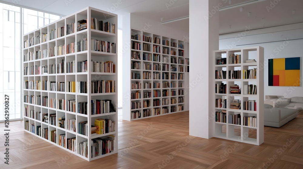 Fototapeta premium Modern white bookshelves filled with books line a bright room with wooden floors and large