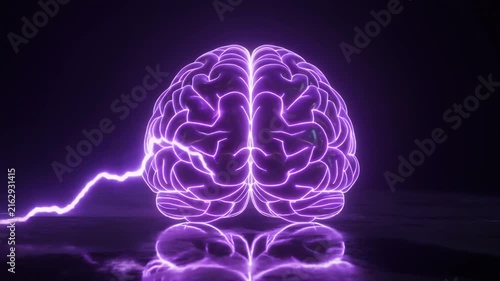 Glowing Neon Brain with Purple Lightning Strikes Digital Art