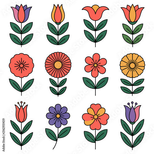 Colorful Flower Set with Leaves, Seamless Floral Pattern, Botanical Nature Vector Illustration for Wallpaper, Textile, Decoration, Spring, Summer and Autumn Design