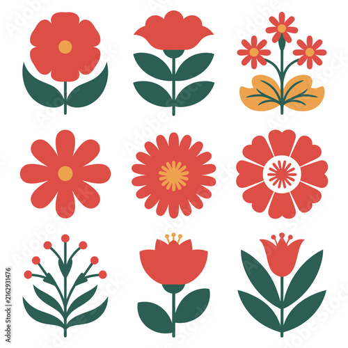 Elegant Set of Floral Vector Icons with Flowers and Leaves, Botanical Nature Elements for Spring, Summer, Decoration, Pattern, Wallpaper and Creative Design