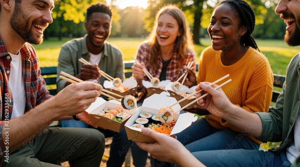 Obraz premium Diverse friends laugh and share takeout sushi boxes on park bench. People eat Japanese food with chopsticks enjoying sunny day. Happy group mealtime in nature during summer.