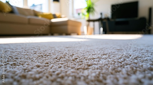Cozy living room with soft carpeted floor and furniture