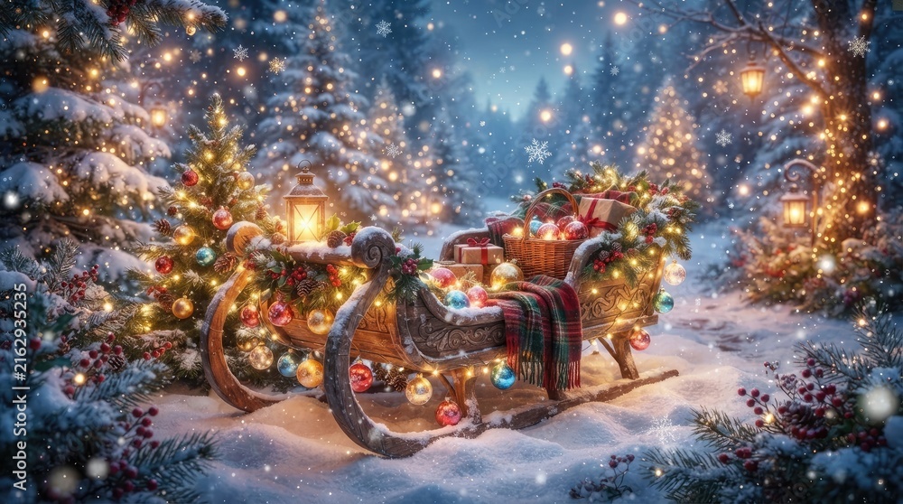 Fototapeta premium A festive sleigh is pulled through a snowy winter forest.