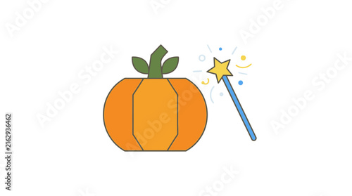 Magic pumpkin icon with star wand, isolated on white background
