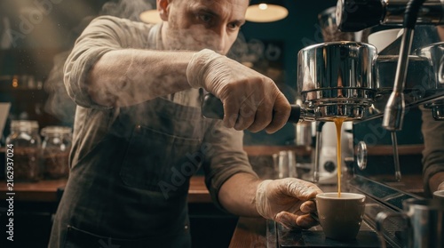 A barista pulls espresso shots at a coffee shop while steam rises from the machine during the morning rush