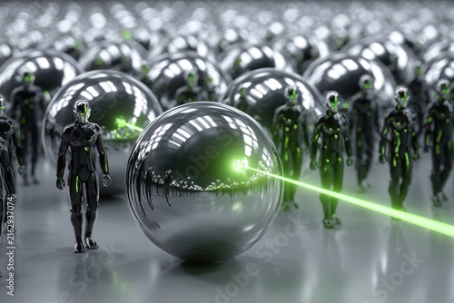 Robots stand in a row around large metallic orbs. One robot shoots a green laser beam at an orb, showing technology and interaction