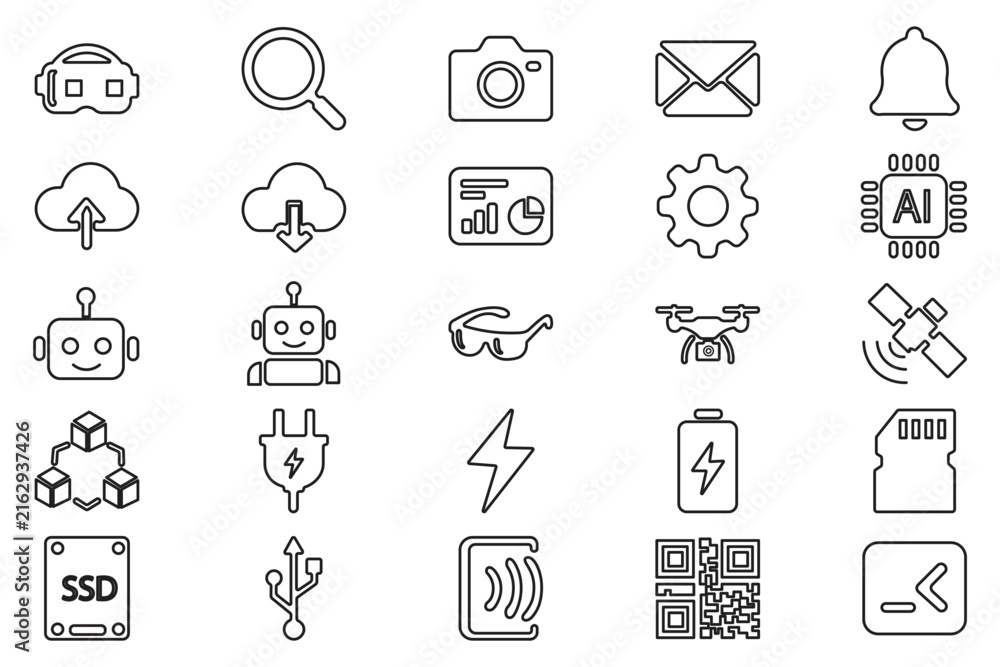 Fototapeta premium Technology line icon set with editable stroke. Features artificial intelligence, hardware, cloud, robot, and electronic device symbols.