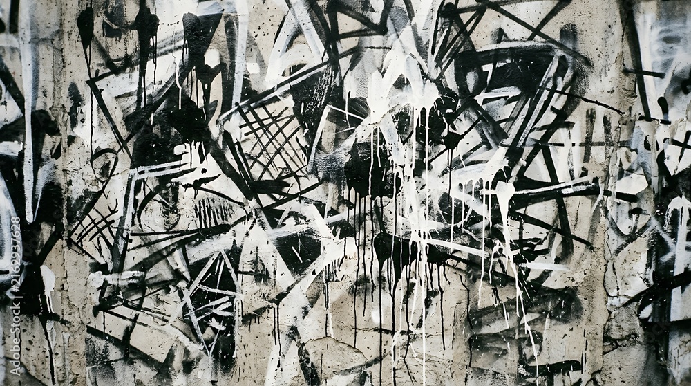 Obraz premium Black and White Abstract Graffiti Wall Texture Close Up Featuring Paint Drips and Urban Street Art Layering graffiti wall black and white texture street art urban drips spray paint abstract close up