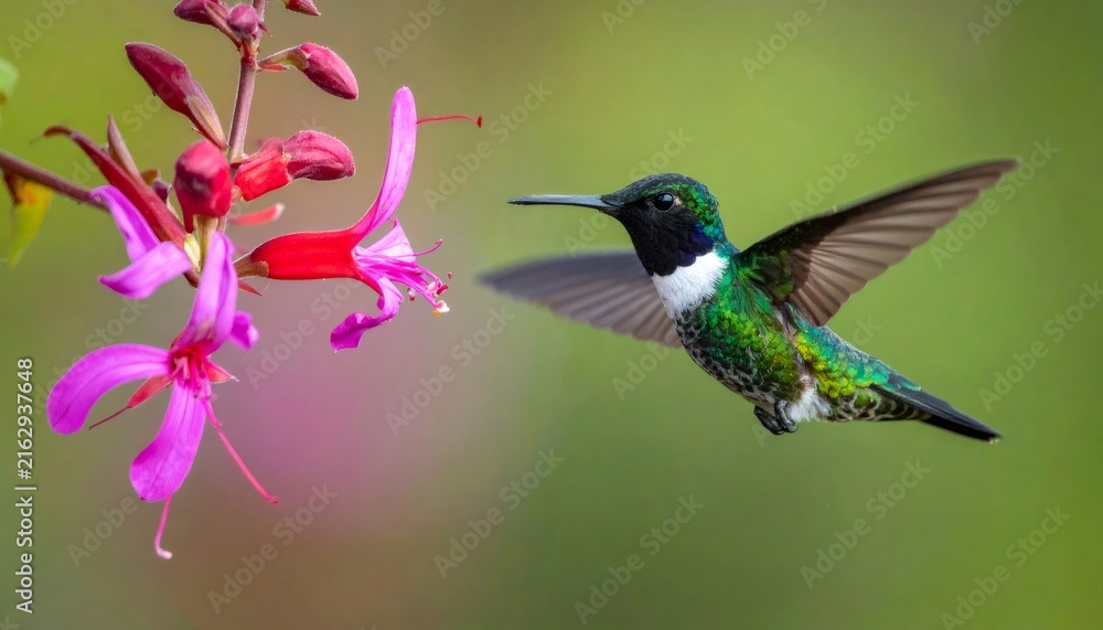 Naklejka premium Hummingbird approaching colorful flower for nectar pollination
