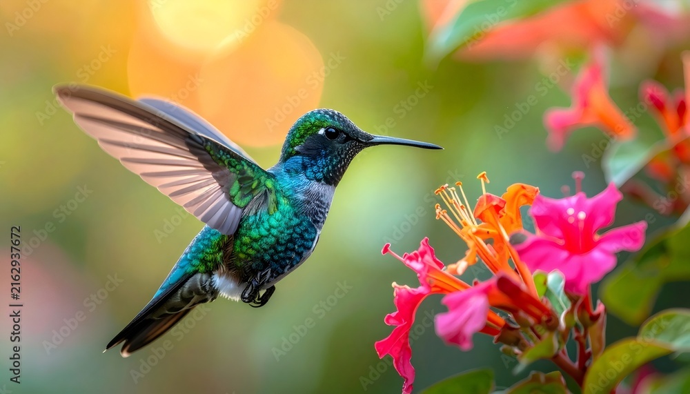 Naklejka premium Hummingbird hovering near colorful flowers collecting nectar