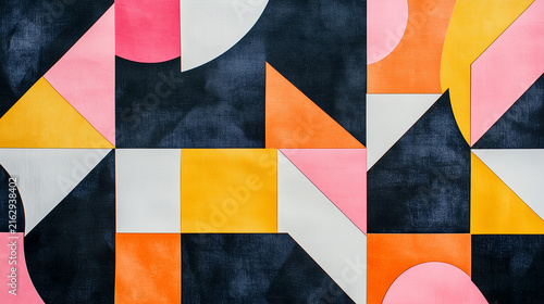 Abstract geometric pattern with colorful shapes and dark textured squares for modern design