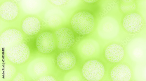Light green abstract background with glowing patterned spheres and soft glowing bokeh