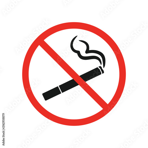 No smoking pictogram features a cigarette with smoke in a red circle