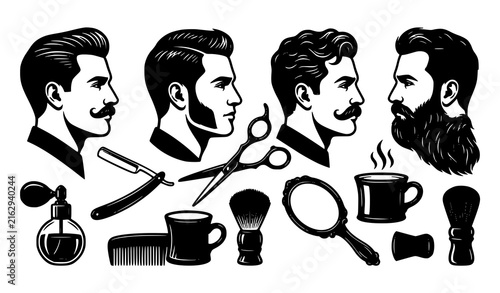 Принти на полотні Vintage Barber Hairstyles Beards Mustaches and Traditional Grooming Tools Vector