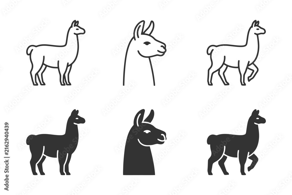 Naklejka premium Set of llama silhouettes and outline illustrations.